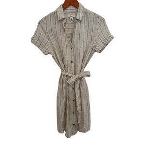 Womens Size M Striped Linen-Blend Button Shirt Dress With Belted Waist Natural